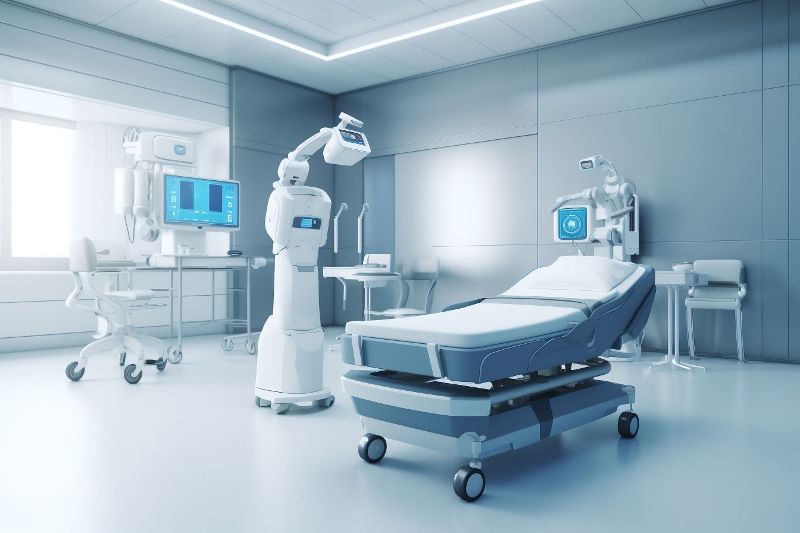 Das Bild zeigt ein Krankenzimmer mit verschiedenen Bildschirmen und einem digitalen Roboter neben dem Bett.