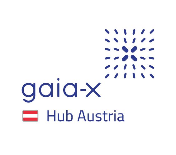 Logo rechts oben, Links unten Schriftzug gaia-x, darunter österreichische Flagge und rechts davon Hub Austria