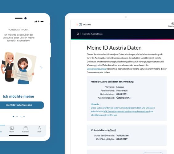 Screenshots von der App “eAusweise” in einem Smartphone und der Website “Meine ID Austria Daten” in einer Tablet-Ansicht